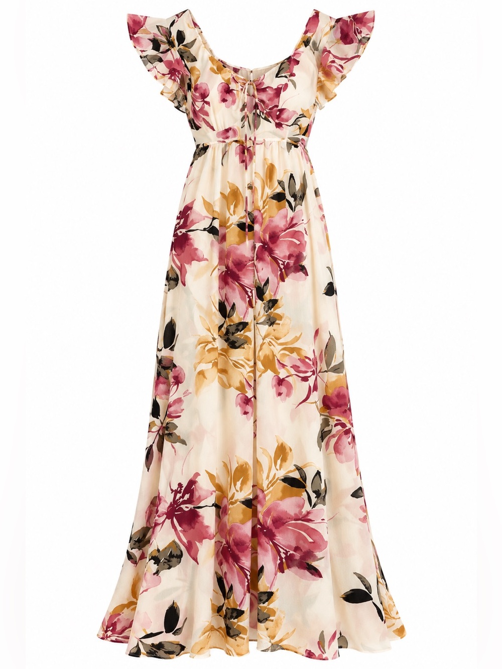 Iz Byer Cream Maxi Dress with Pink & Mustard Floral Print